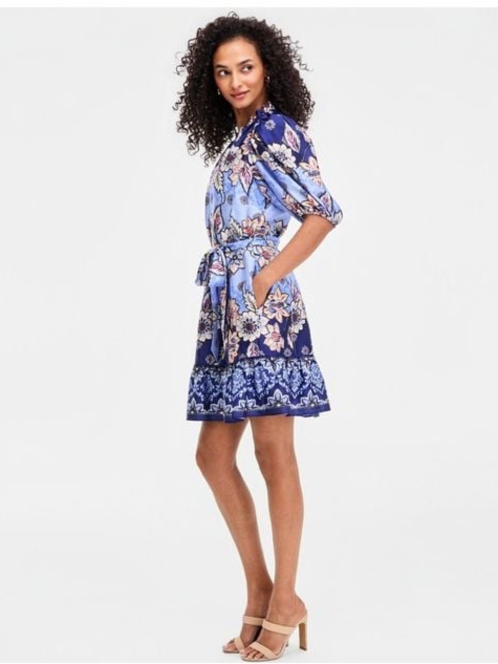 Vince Camuto Blue Bubble-sleeve Trapunto Sash Trap Float Dress in size 4